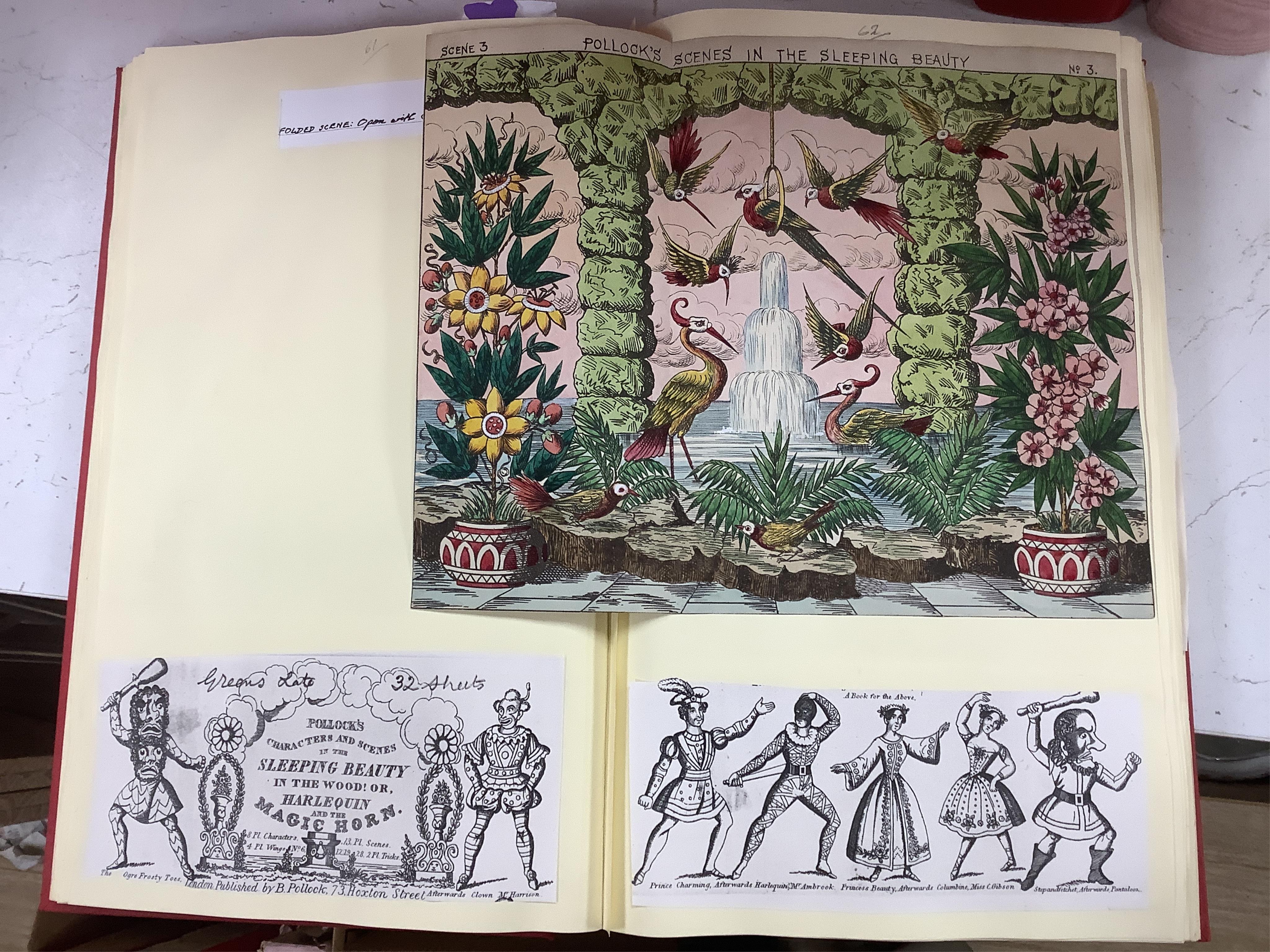Juvenile dramas, toy theatre archive, including Webb, H. Matthews, Jack Yeats, W. Webb, J. K. Green, Keen and co-, West, O. Hodgson, Packets Gage, hand coloured large scenes, characters, scenes portraits etc. pasted in n